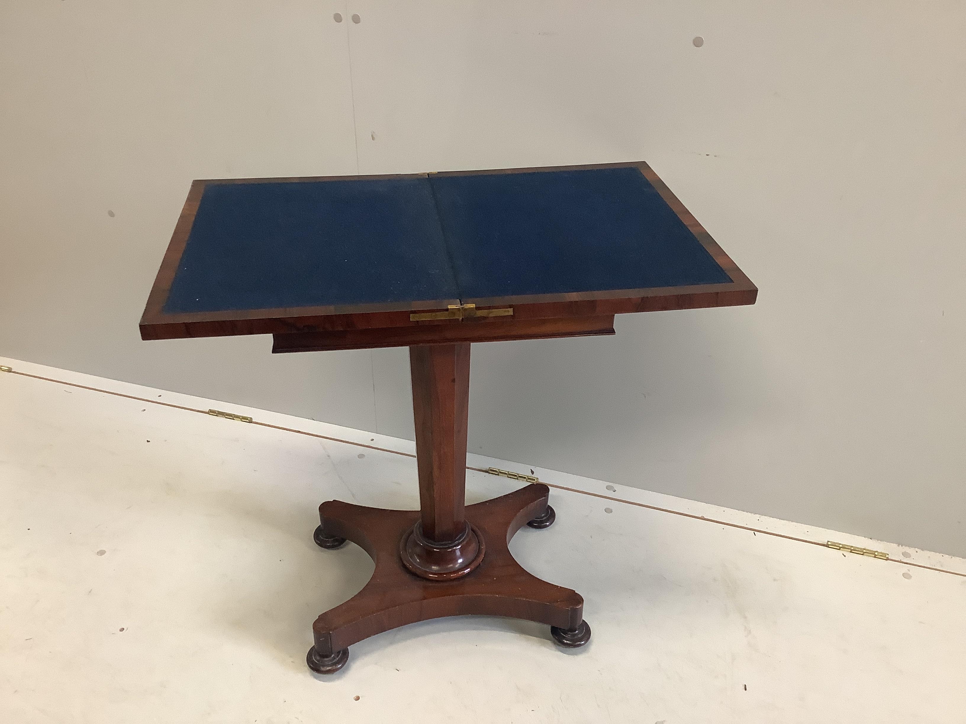 An early Victorian rectangular rosewood folding card table, width 46cm, depth 36cm, height 72cm